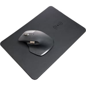 A black wireless charger and mouse pad with a sleek design, featuring a wireless charging logo and a mouse on top.