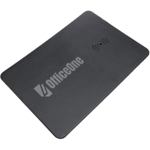 A wireless charger and mouse pad combination in a sleek black design, featuring the logo "OfficeOne."