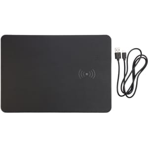 A black wireless charger and mouse pad with a USB cable included. It features a logo on the surface.