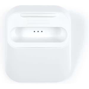 A white wireless power bank with a flat design and three indicator lights on the top.