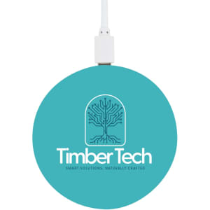 A round turquoise bamboo wireless charger featuring a logo and a white charging cable.