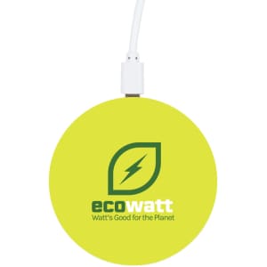 A round, bright green wireless charger with a logo on the surface and a connected charging cable.