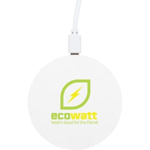 A round white wireless charger with a logo and a charging cable attached.
