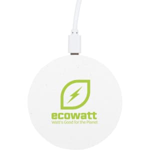 A round white wireless charger with a logo, featuring a green leaf and a lightning bolt design.