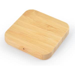 A square bamboo wireless charger in a natural wood finish with a smooth surface.