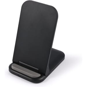 A black wireless charger with a sleek, angled design and a small base for stability.