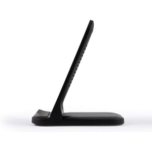 A sleek black wireless charger designed for efficient phone charging, featuring a stand for easy viewing.