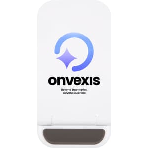 A white wireless charger with a rounded design, featuring a logo and a smooth surface.
