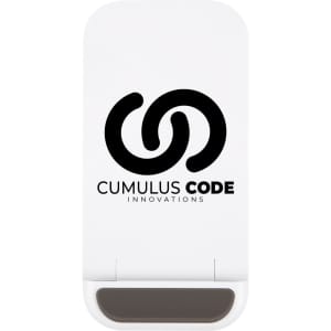 A white wireless charger with a logo featuring two intertwined shapes and a gray charging pad at the bottom.