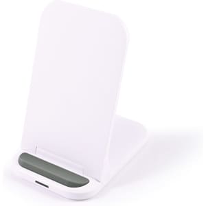 A white wireless charger with a sleek, angled design and a green accent at the base.