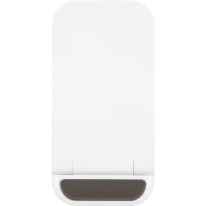 A white wireless charger with a sleek design and a dark grey base. It features a logo on its surface.