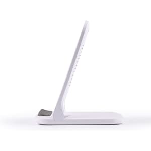 A white wireless charger with a sleek design, featuring a stand for easy device placement and a logo.