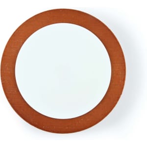 A round wireless charger with a wooden brown exterior and a smooth white interior. It features a logo on the surface.