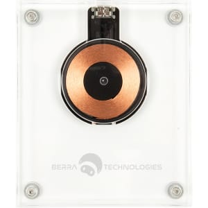 A crystal wireless charger with a copper charging coil, featured in a transparent casing. Includes a logo on the base.