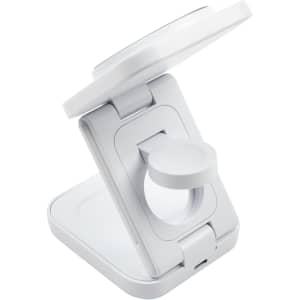 A white 3-in-1 wireless charger with an adjustable stand and a round charging pad. It includes a logo on its surface.