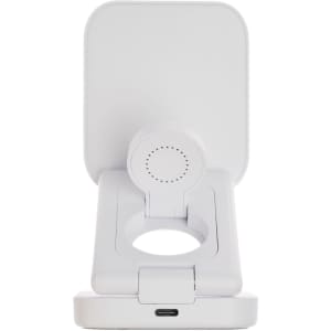 A white Spartan 3-in-1 wireless charger with a sleek design and a circular charging area.