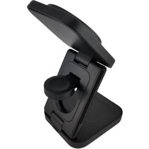 A black Spartan 3-in-1 wireless charger with a compact, adjustable stand and a circular charging pad.