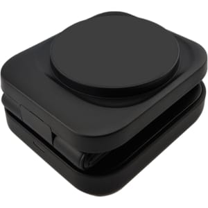 A black 3-in-1 wireless charger with a sleek, compact design, featuring a circular charging pad on top.