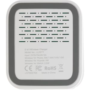A rectangular 3-in-1 wireless charger in white and gray, featuring a textured surface and a branding logo.