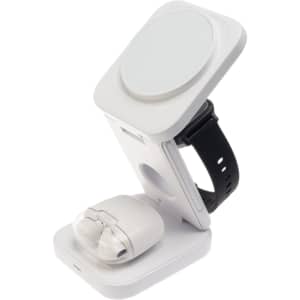 A white 3-in-1 wireless charger with a stand for a phone, a spot for AirPods, and a section for a smartwatch.