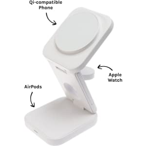 A compact white 3-in-1 wireless charger for a phone, Apple Watch, and AirPods, featuring a logo on the base.