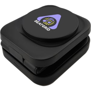 A black 3-in-1 wireless charger with a circular top featuring a logo. Compact and portable design.