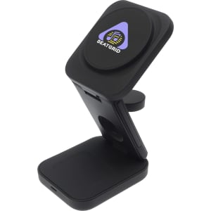 A black 3-in-1 wireless charger with a sleek design and a logo. It features a stand and a flat charging pad.