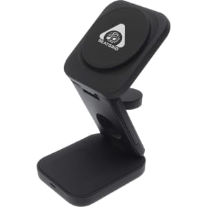 A black 3-in-1 wireless charger with a stand and a logo, suitable for charging multiple devices.