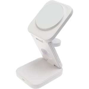 A white 3-in-1 wireless charger with adjustable parts and a logo, designed for phones and technology.