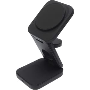 A black Spartan 3-in-1 wireless charger in a sleek design, featuring multiple charging surfaces and an adjustable stand.