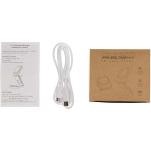 A wireless charger set including a charging cable, instruction manual, and a cardboard box with a folding stand design.