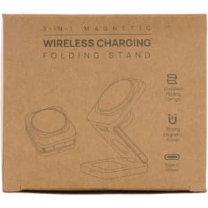 A compact brown box containing a 3-in-1 wireless charger with a folding stand design and magnetic features.