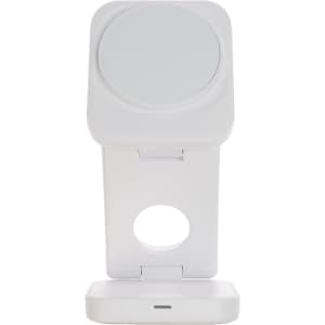 A white 3-in-1 wireless charger featuring a stand and a round charging pad, with a sleek modern design.