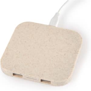 A square, beige wireless charger hub with a textured surface and USB connection. It features two ports.