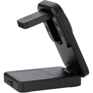 A black, multi-functional charger with a stand, featuring USB ports and a wireless charging pad.