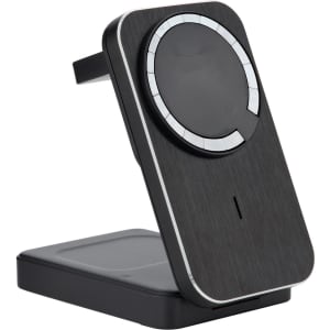 A wireless charger in black with a sleek design, featuring a circular charging pad and a stand.