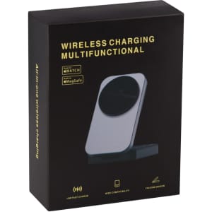 A sleek black box featuring a multifunctional wireless charger with a circular charging pad.