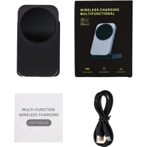 A black wireless charger, user manual, and a cable, displayed with packaging in the background.