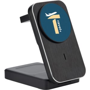 A black wireless charger with a circular top and a logo. It features a sleek design and a supportive stand.
