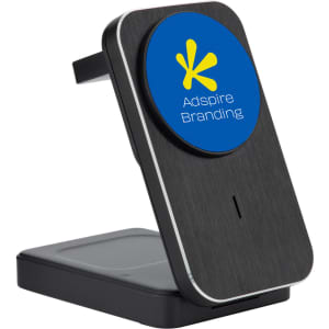 A wireless charger with a sleek black design and a circular blue logo on the front, featuring a branding element.