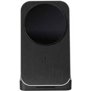 A wireless charger featuring a sleek black design with a smooth circular charging pad and a minimalist shape.