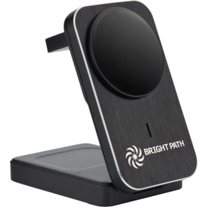 A black and silver wireless charger with a circular charging pad and a branded logo on the front.
