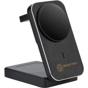 A wireless charger in black with a sturdy base and an elevated charging pad. It features a logo.