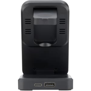A black 3-in-1 charger with multiple ports and ventilation holes at the back. Features a simple, sleek design.