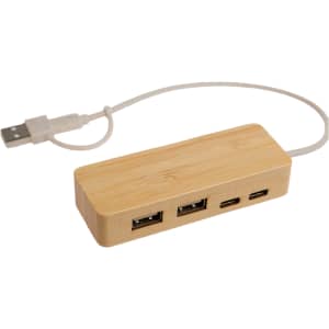 A USB hub made of bamboo featuring three USB ports and a USB-A cable.