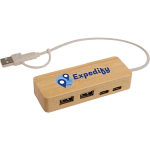 A USB hub made of bamboo, featuring three USB ports and a logo that reads "Expedity." It includes a connected USB cable.