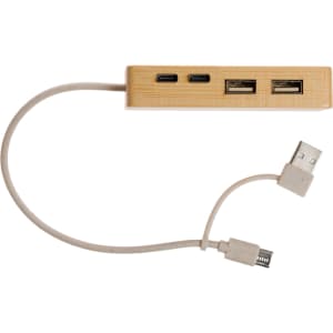 A bamboo USB hub with three ports and a connecting cable, featuring a neutral color scheme.