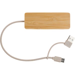 A bamboo USB hub with a white cable, featuring a built-in USB connector and a micro USB connector.