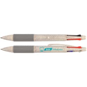 A multi-coloured pen featuring grey, red, blue, and green ink options with a logo on the barrel.