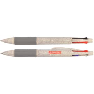 A pen featuring four colors: black, blue, red, and green, with a speckled gray barrel and a branding logo.